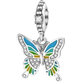 Blue Butterfly Dangle Charm 925 Sterling Silver Charm for Bracelets Necklaces fit Valentine's Day Mother's Day Birthday Gift for Women Girl Pendant Beads