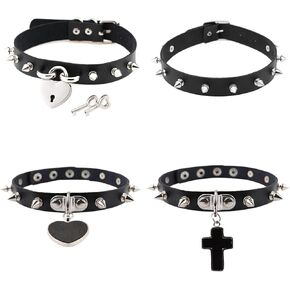 4Pcs Harajuku Rivets Choker PU Leather Collar Gothic Necklace Adjustable Size Neck Accessories