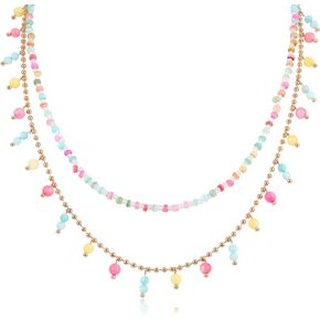 Colorful Beaded Necklace for Women Teen Girls Bohemian Double Layered Cute Seed Beads Choker Necklace with Dangle Beads Charm Adjustable Chain Handmade Boho Party Summer Beach Jewelry Gift for Girls