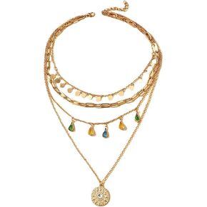 Layered Bohemian Sequin Turquoise Bead Choker Necklace for Women Girl Teen Adjustable Paperclip Link Chain Tassel Coin Waterdrop Pendant Necklace Boho Retro Geometric Round Jewelry Birthday Gift