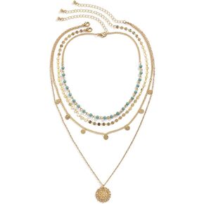 Layered Bohemian Sequin Turquoise Bead Choker Necklace for Women Girl Teen Adjustable Paperclip Link Chain Tassel Coin Waterdrop Pendant Necklace Boho Retro Geometric Round Jewelry Birthday Gift