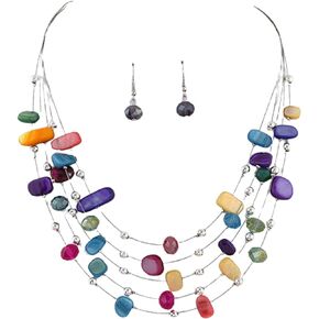 Boho Turquoise Stone Necklace Earrings Set with Crystal Beads Vintage Layered Choker Necklace for Women Shell Beaded Chunky Statement Summer Beach Ethnic Jewelry Birthday Gifts for Her-A colorful