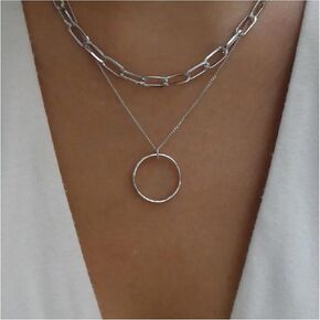 Bohemian Layered Circle Choker Necklace Silver Eternity Circle Necklace Geometric Hollow Circle Pendant Necklace Exaggerated paperclip Chain Necklace Jewelry for Women and Girls Gifts