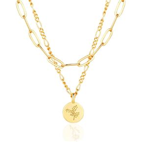Gold Necklace for Women Layered Birth Flower Necklaces 18K Gold Plated Custom Birth Month Floral Necklaces Paperclip Chain Necklace Women Anniversary Birthday Gifts for Women