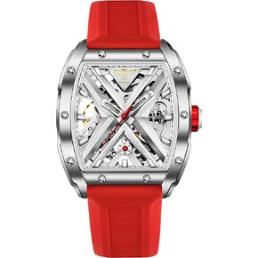 TIME WARRIOR Men’s Skeleton Automatic Watch, Stainless Steel Case, Sapphire Glass, Red Uber Band Watch for Men
