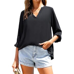 Holipick Women's Chiffon 3/4 Cuffed Sleeve Blouse Work Chiffon Casual V Neck Tops Shirt Office