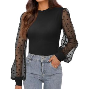Century Star Mock Neck Tops for Women Long Sheer Sleeve Mesh Polka Dot Shirts Dressy Crop Ruffle Elegant Blouse