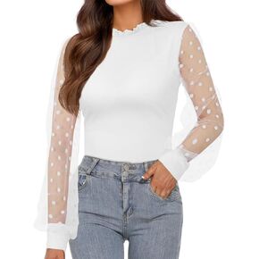 Century Star Mock Neck Tops for Women Long Sheer Sleeve Mesh Polka Dot Shirts Dressy Crop Ruffle Elegant Blouse