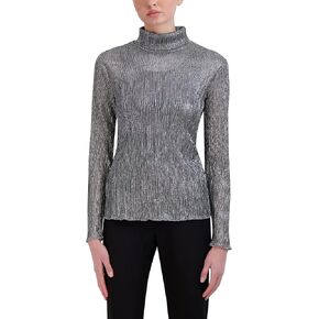 BCBGMAXAZRIA Women's Fitted Long Sleeve Top Mock Neck Pleated Glitter Mesh Shirt