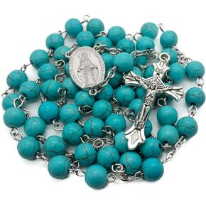 Nazareth Store Sky Blue Marble Stone Beads Rosary Turquoise Beaded Necklace Catholic Miraculous Medal & Jesus Cross