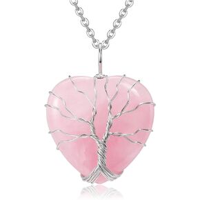 Top Plaza Natural Rose Quartz Healing Crytal Necklace Silver Tree Of Life Wire Wrapped Heart Shape Stone Pendant for Womens Girls Ladies