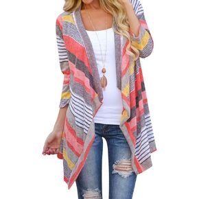 DEARCASE Women's 3/4 Sleeve Cardigans Striped Printed Open Front Draped Kimono Loose Cardigan