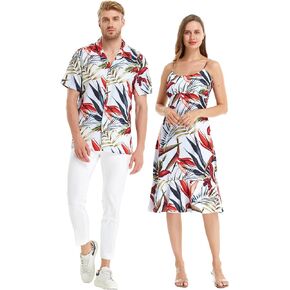 Matchable Couple Hawaiian Luau Shirt or Mermaid Ruffle Dress in Garden at Dawn