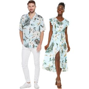 Matchable Couple Hawaiian Luau Shirt or Wrap Ruffle Dress in Wispy Cereus Light Blue
