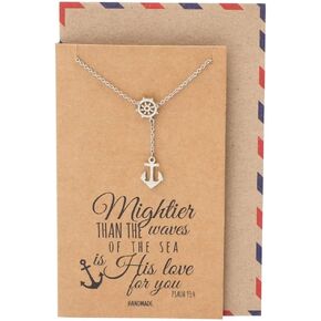 Quan Jewelry Nautical Wheel and Anchor Pendant Necklace, Christian Bible Verse Psalms Jewelry, Sympathy Memorable Gifts with Inspirational Quote on Greeting Card - 100% Handmade