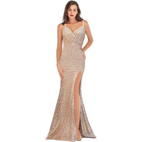 A ARFAR Prom Dress for Women Sphagetti Strap Sequin Party Dress Sexy Split Women's V-Neck Formal Maxi Dresses Summer