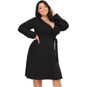 فستان AMZ PLUS نسائي مقاس كبير ملفوف على شكل حرف A للحفلات متوسط ​​الطول ورقبة على شكل حرف V قابل للتمدد كاجوال بحزام Bodycon فستان متوسط ​​الطول in Kuwait