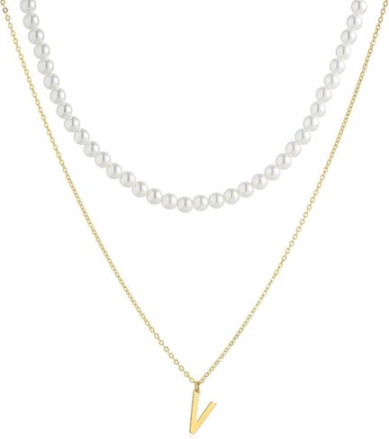 S.J JEWELRY قلادة اللؤلؤ الأولية للنساء 14K مطلية بالذهب حرف الأبجدية 26 A-Z قلادة قلادة لذيذ اللؤلؤ المختنق القلائد اليدوية والمجوهرات هدية in Saudi Arabia