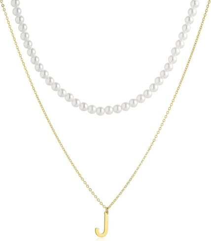 S.J JEWELRY قلادة اللؤلؤ الأولية للنساء 14K مطلية بالذهب حرف الأبجدية 26 A-Z قلادة قلادة لذيذ اللؤلؤ المختنق القلائد اليدوية والمجوهرات هدية in Saudi Arabia