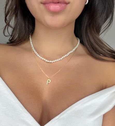 S.J JEWELRY قلادة اللؤلؤ الأولية للنساء 14K مطلية بالذهب حرف الأبجدية 26 A-Z قلادة قلادة لذيذ اللؤلؤ المختنق القلائد اليدوية والمجوهرات هدية in Saudi Arabia