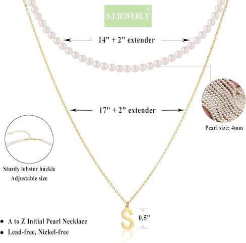 S.J JEWELRY قلادة اللؤلؤ الأولية للنساء 14K مطلية بالذهب حرف الأبجدية 26 A-Z قلادة قلادة لذيذ اللؤلؤ المختنق القلائد اليدوية والمجوهرات هدية in Saudi Arabia