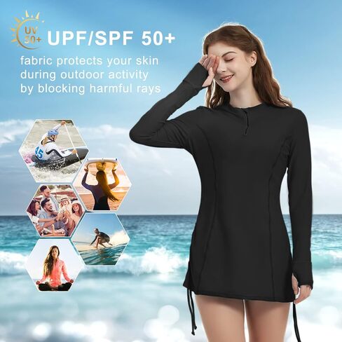 LilyCat Women's Rash Guard Long Sleeve Sun Protection Clothing Half Zip Swim Shirt Side Adjustable Swimsuit Tops in Kuwait
