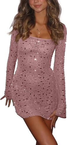 LOUSEA Women Sequin Dress Long Sleeve Sparkly Mini Dress Square Cut Collar Party Dress Slim fit Bodycon Shiny Club Dress in Saudi Arabia
