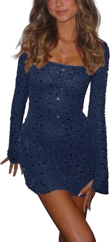 LOUSEA Women Sequin Dress Long Sleeve Sparkly Mini Dress Square Cut Collar Party Dress Slim fit Bodycon Shiny Club Dress in Saudi Arabia