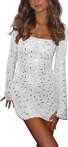 LOUSEA Women Sequin Dress Long Sleeve Sparkly Mini Dress Square Cut Collar Party Dress Slim fit Bodycon Shiny Club Dress in Saudi Arabia