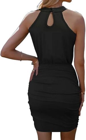 Women Ruched Work Cocktail Party Bodycon Dress Crew/Halter Neck Ruched Sleeveless Shirt Short Mini Dresses… in Saudi Arabia