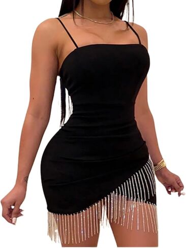 LovelyWholesale المرأة مثير شرابة تقليم Bodycon اللباس غير المتكافئة تنحنح سبليت حزب فساتين البسيطة in Kuwait