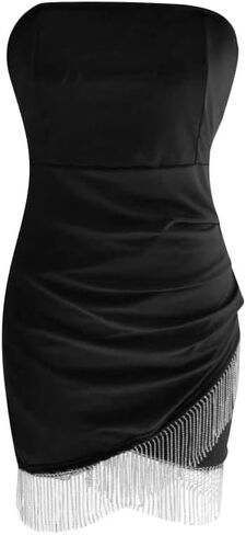 LovelyWholesale المرأة مثير شرابة تقليم Bodycon اللباس غير المتكافئة تنحنح سبليت حزب فساتين البسيطة in Kuwait
