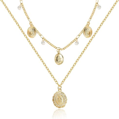 14k Gold Filled Layered Choker Necklaces for Women Chain Necklace with Virgin Mary Guadalupe Charm Pendant, Brass, Cubic Zirconia in Kuwait