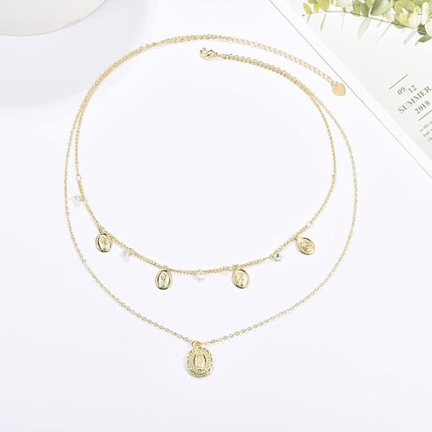 14k Gold Filled Layered Choker Necklaces for Women Chain Necklace with Virgin Mary Guadalupe Charm Pendant, Brass, Cubic Zirconia in Kuwait