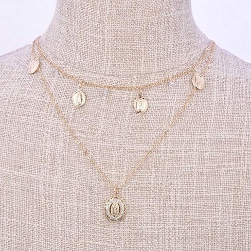 14k Gold Filled Layered Choker Necklaces for Women Chain Necklace with Virgin Mary Guadalupe Charm Pendant, Brass, Cubic Zirconia in Kuwait