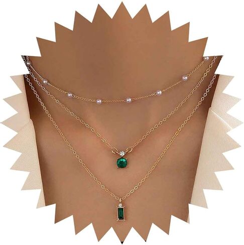 Sttiafay Vintage Layered Emerald Pendant Necklace Gold Pearl Choker Necklace Green Square Crystal Earrings Pearl Satellite Chain Necklace Green Emerald Necklace Chain Jewelry for Women Girls in Kuwait