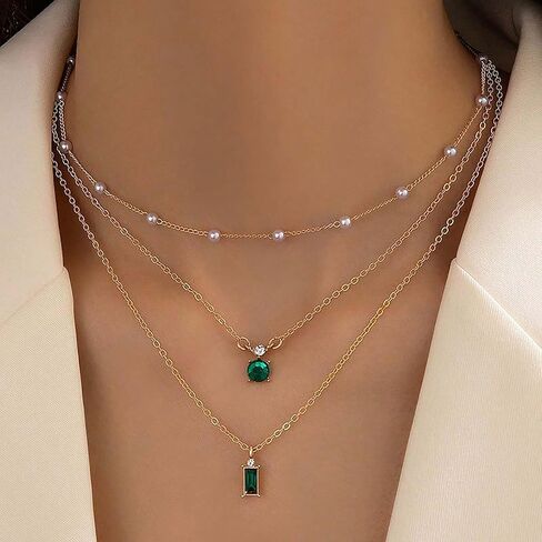 Sttiafay Vintage Layered Emerald Pendant Necklace Gold Pearl Choker Necklace Green Square Crystal Earrings Pearl Satellite Chain Necklace Green Emerald Necklace Chain Jewelry for Women Girls in Kuwait