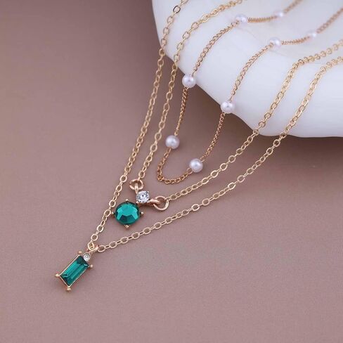 Sttiafay Vintage Layered Emerald Pendant Necklace Gold Pearl Choker Necklace Green Square Crystal Earrings Pearl Satellite Chain Necklace Green Emerald Necklace Chain Jewelry for Women Girls in Kuwait