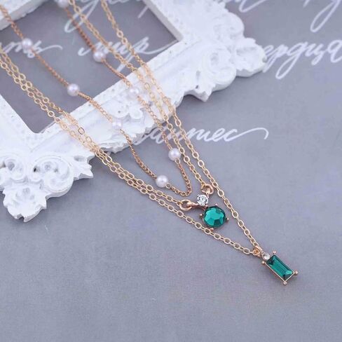 Sttiafay Vintage Layered Emerald Pendant Necklace Gold Pearl Choker Necklace Green Square Crystal Earrings Pearl Satellite Chain Necklace Green Emerald Necklace Chain Jewelry for Women Girls in Kuwait