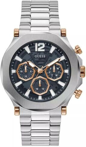 GUESS Mens 46mm Watch - Silver Tone Bracelet Blue Dial Silver Tone Case in Saudi Arabia