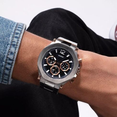 GUESS Mens 46mm Watch - Silver Tone Bracelet Blue Dial Silver Tone Case in Saudi Arabia