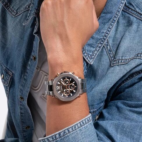 GUESS Mens 46mm Watch - Silver Tone Bracelet Blue Dial Silver Tone Case in Saudi Arabia