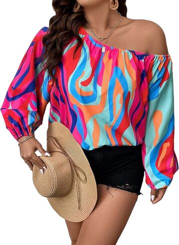 OYOANGLE Women's Plus Size Allover Print One Shoulder Lantern Long Sleeve Workwear Blouse Top in Saudi Arabia