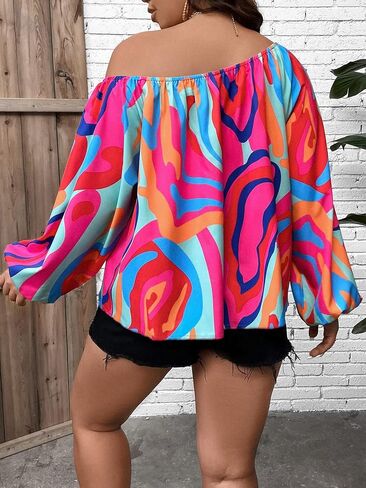 OYOANGLE Women's Plus Size Allover Print One Shoulder Lantern Long Sleeve Workwear Blouse Top in Saudi Arabia