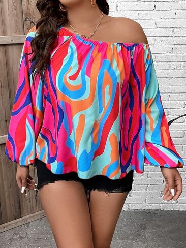 OYOANGLE Women's Plus Size Allover Print One Shoulder Lantern Long Sleeve Workwear Blouse Top in Saudi Arabia