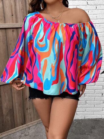 OYOANGLE Women's Plus Size Allover Print One Shoulder Lantern Long Sleeve Workwear Blouse Top in Saudi Arabia