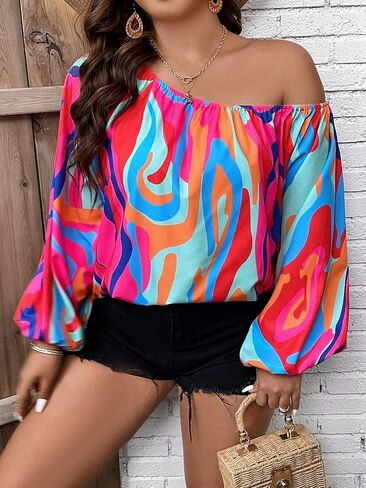 OYOANGLE Women's Plus Size Allover Print One Shoulder Lantern Long Sleeve Workwear Blouse Top in Saudi Arabia