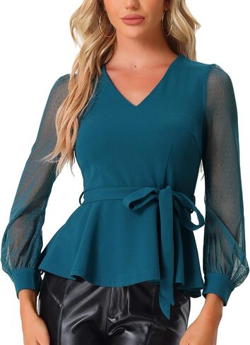 بلوزة Allegra K التعادل الخصر Peplum للنساء كشكش تنحنح حزب الخامس الرقبة شبكة كم طويل بلوزة in Saudi Arabia