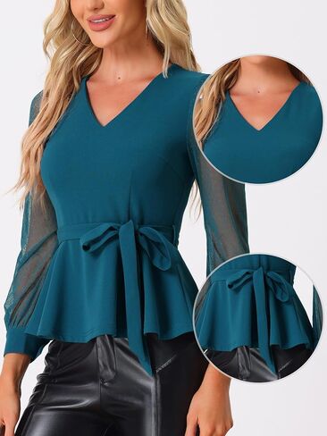 بلوزة Allegra K التعادل الخصر Peplum للنساء كشكش تنحنح حزب الخامس الرقبة شبكة كم طويل بلوزة in Saudi Arabia