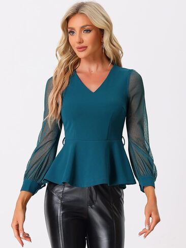 بلوزة Allegra K التعادل الخصر Peplum للنساء كشكش تنحنح حزب الخامس الرقبة شبكة كم طويل بلوزة in Saudi Arabia